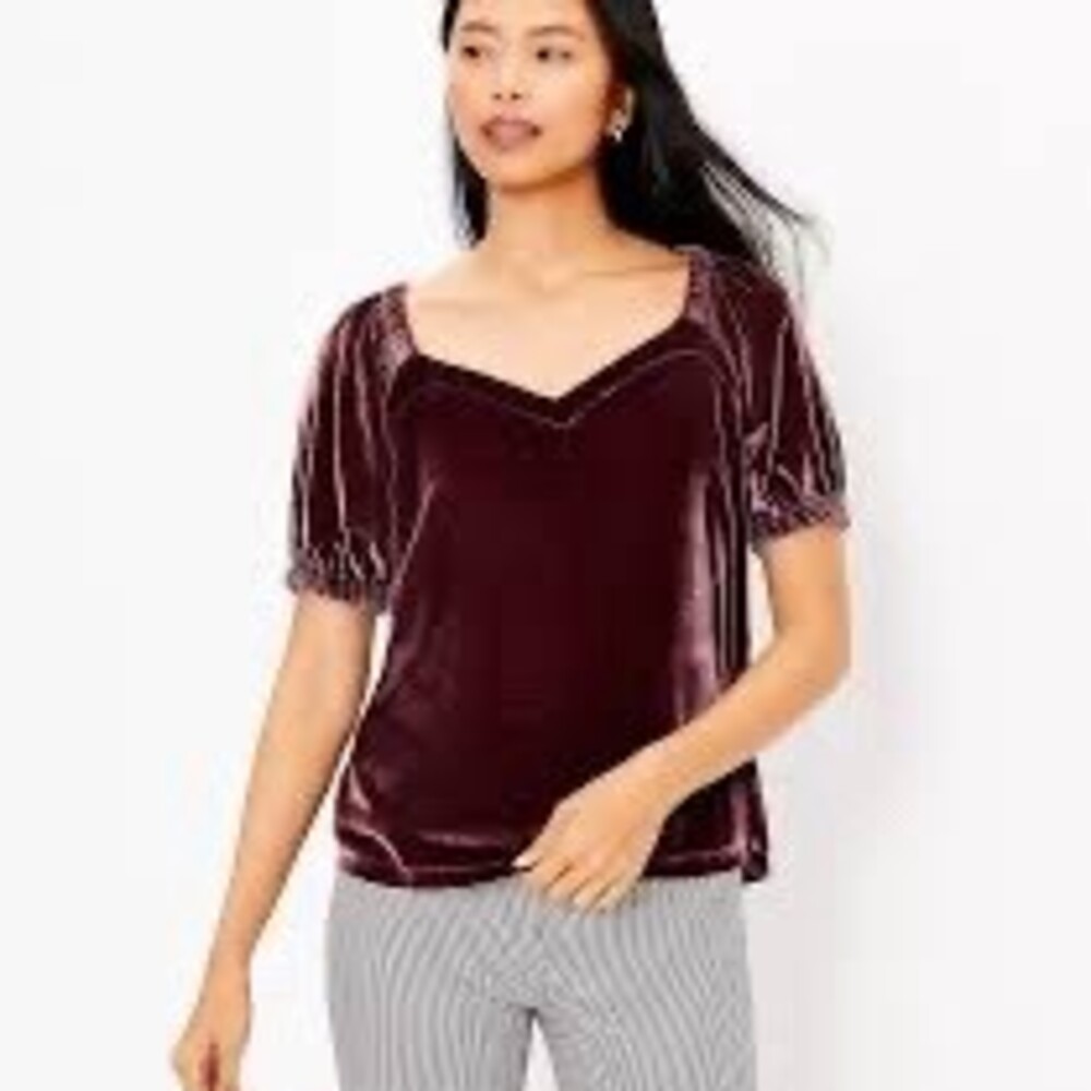 LOFT Petites Blouse Womens XS Burgundy Velvet Puff Sleeve V-Neck Party Top
